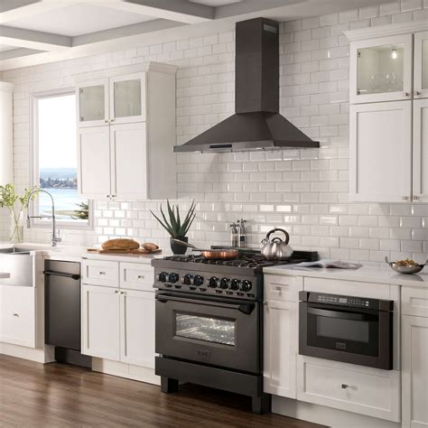 black range with stainless steel wall hood white cabinets|black stainless vent hood ductless.